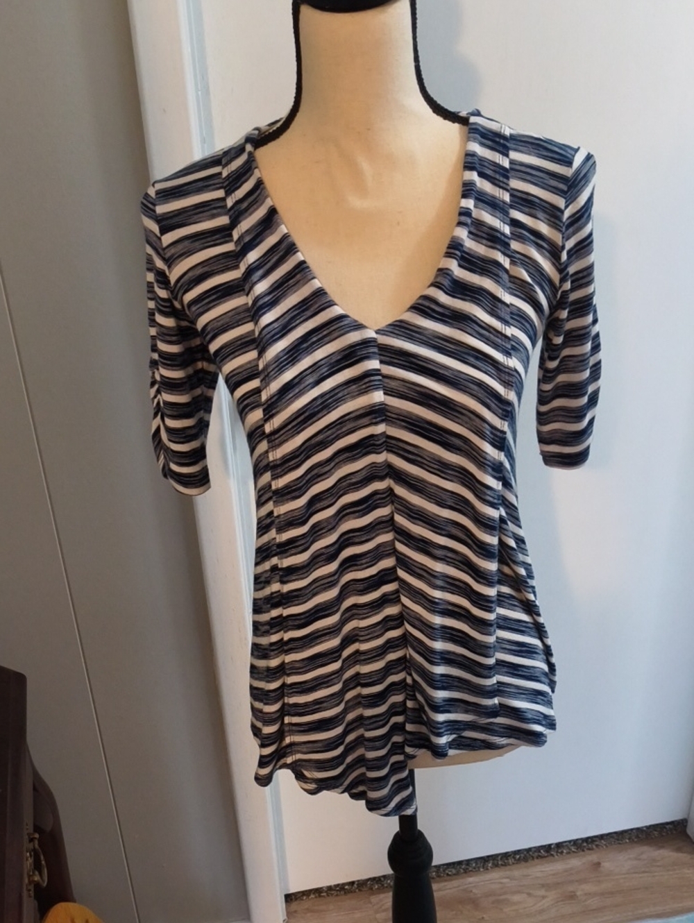 Striped V-Neck Top in Navy and White